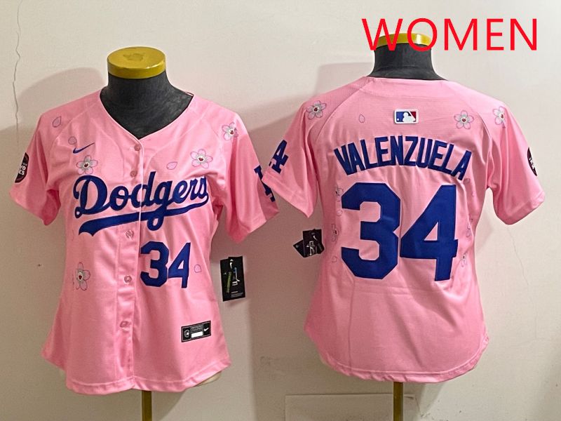 Women Los Angeles Dodgers 34 Valenzuela Pink Sakura Edition 2025 Nike MLB Jersey style 33